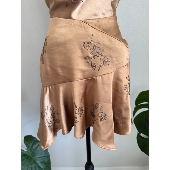 NWT Oh Polly Bronze Satin Cowl Neck Mini Dress US4 Floral Rhinestone Party - Picture 5 of 11